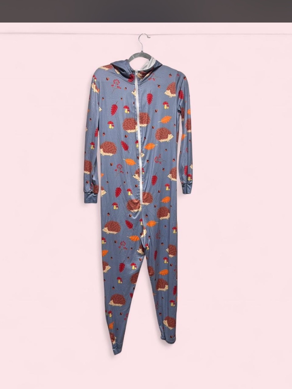 Cozy Hedgehog Print Hooded Women's Pajama Onesie - Blue